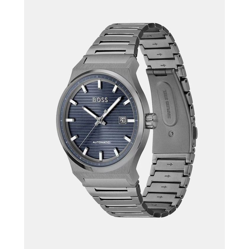 Gray Stainless Steel WatchType of mechanism: AUTOMATIC.Display: ANALOGICAL.Material Of Case: STAINLESS STEEL.Colour Of Case: GREY.Material Of Bracelet: STAINLESS STEEL.Colour Of Bracelet: GREY.Dial Colour:BLUE.Glass type: MINERAL.Clousure: PRESSURE.Water