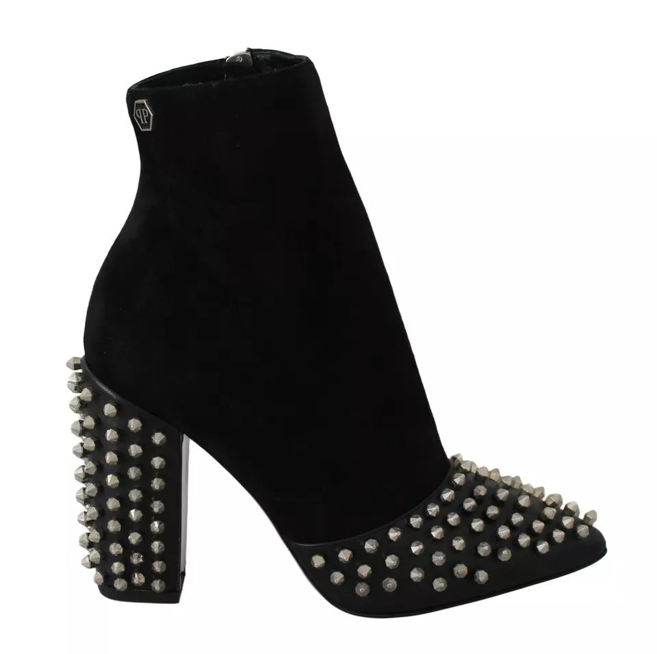Black Suede Studded Heels Ankle Boots ShoesPHILLIP PLEIN Gorgeous brand new with tags, 100% Authentic PHILLIP PLEIN Shoes. Model: Ankle pointed toes skinny heels boots Material: 100% Suede Colour: Black Studded Leather sole Zipper opening on the side Logo