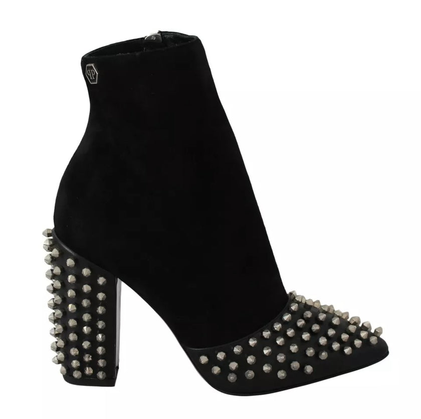 Black Suede Studded Heels Ankle Boots ShoesPHILLIP PLEIN Gorgeous brand new with tags, 100% Authentic PHILLIP PLEIN Shoes. Model: Ankle pointed toes skinny heels boots Material: 100% Suede Colour: Black Studded Leather sole Zipper opening on the side Logo