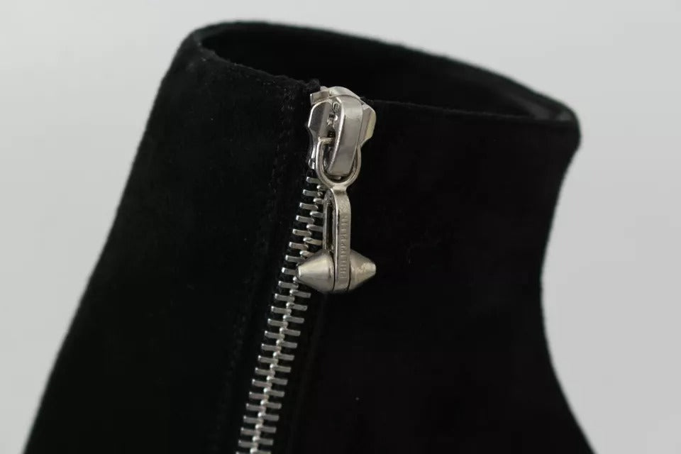 Black Leather Studded Ankle Heel Boots