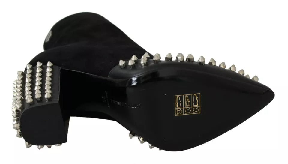 Black Leather Studded Ankle Heel Boots