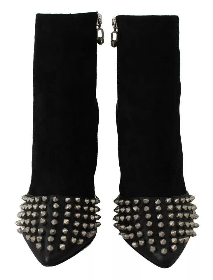 Black Leather Studded Ankle Heel Boots