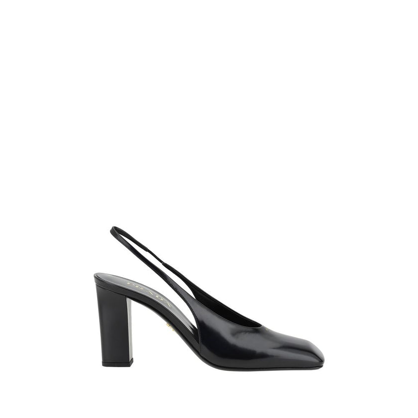 Black Calf Leather PumpsPrada’s leather Décolleté Pumps feature a square toe that gives a modern, refined look. The iconic press-stamped monogram on the front adds a distinctive brand touch. The elasticized slingback design offers a comfortable and secure