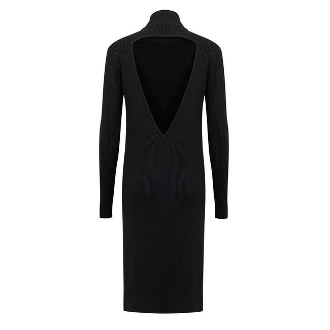 Black Wool Long DressBottega Veneta Ribbed Knit Long Black Dress. In stretch ribbed wool, straight fit, turtleneck, long sleeves. Triangle opening on the back Composition: 90% Wool, 6% Polyester, 2% Polyamide, 1% Elastane Internal SKU: 25MAR106 Brand SKU: