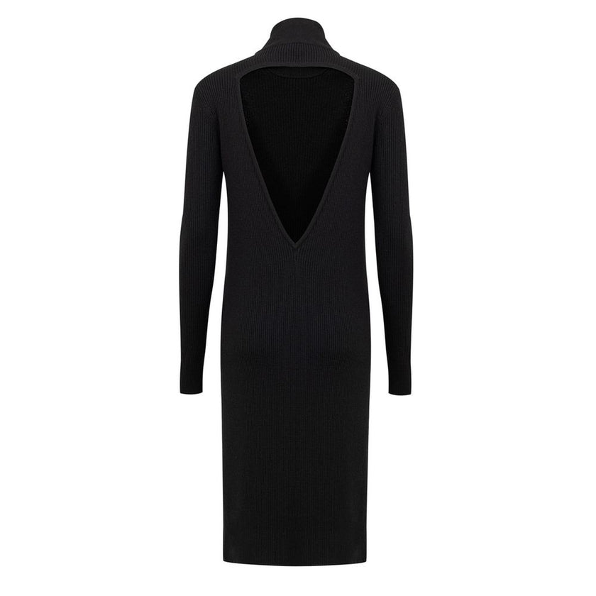 Black Wool Long DressBottega Veneta Ribbed Knit Long Black Dress. In stretch ribbed wool, straight fit, turtleneck, long sleeves. Triangle opening on the back Composition: 90% Wool, 6% Polyester, 2% Polyamide, 1% Elastane Internal SKU: 25MAR106 Brand SKU: