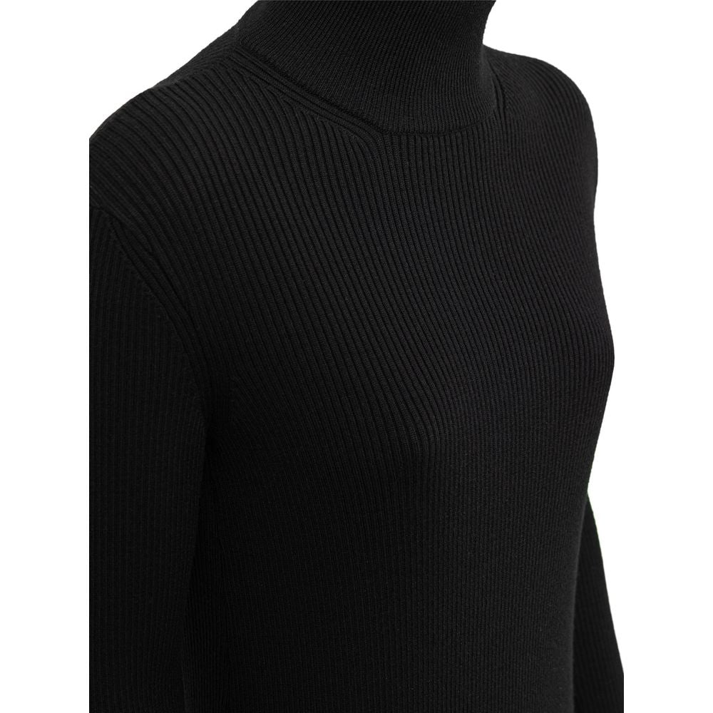 Black Wool Long DressBottega Veneta Ribbed Knit Long Black Dress. In stretch ribbed wool, straight fit, turtleneck, long sleeves. Triangle opening on the back Composition: 90% Wool, 6% Polyester, 2% Polyamide, 1% Elastane Internal SKU: 25MAR106 Brand SKU: