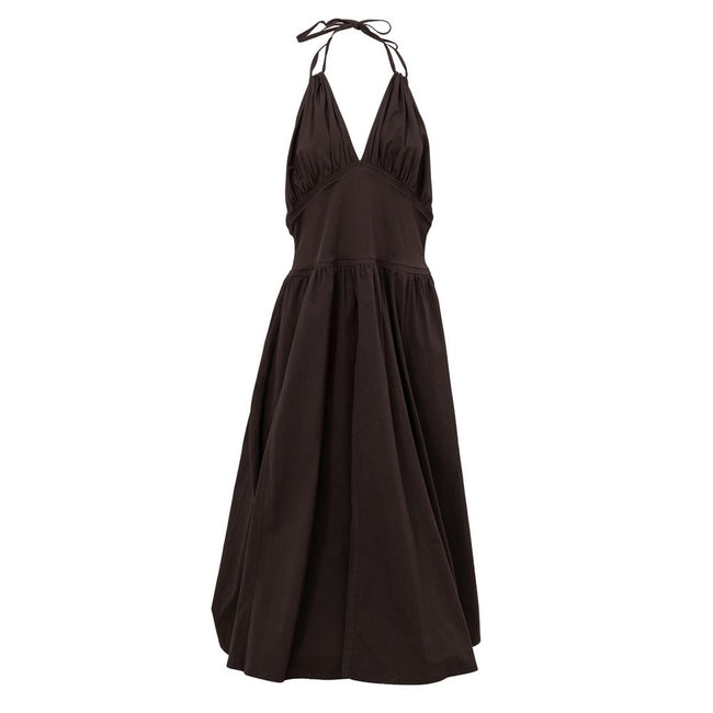 Brown Cotton Long DressBottega Veneta Cotton Wide Strap Dress. In brown cotton, crossover top, waistband, very wide skirt part, side slit. On the back, open back, zip closure. Composition: 96% Cotton, 4% Elastane Internal SKU: 25MAR107 Brand SKU: 699072VK