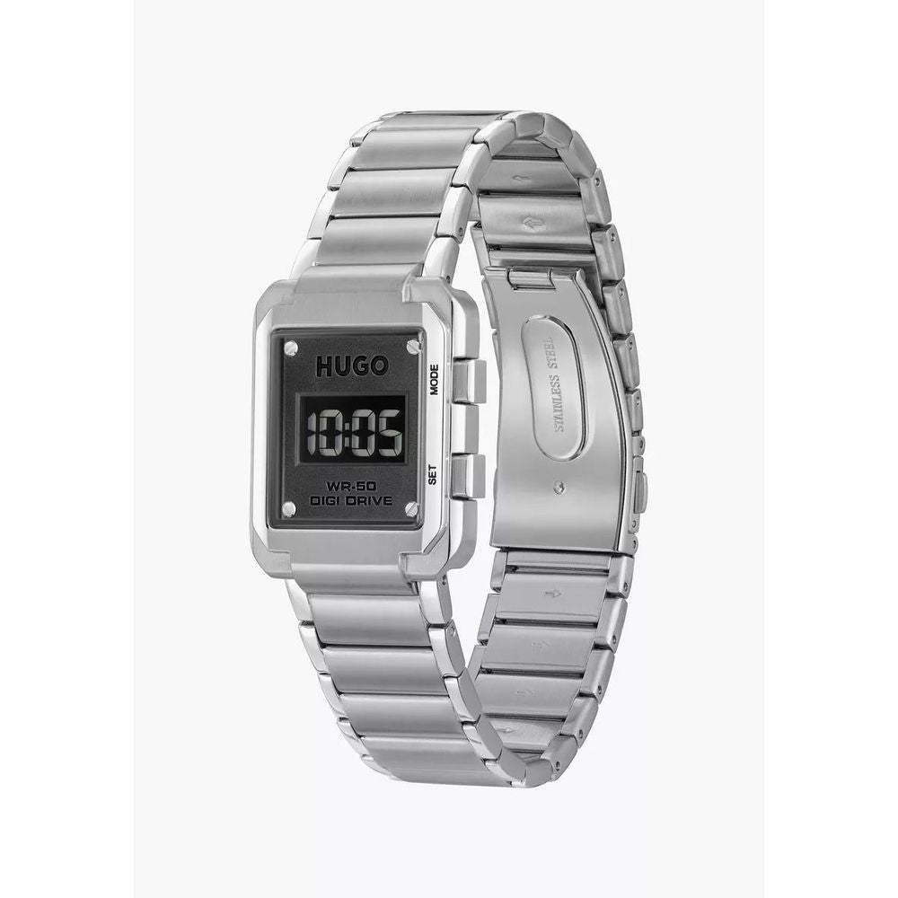 Silver Stainless Steel WatchType of mechanism: QUARTZ.Display: DIGITAL.Material Of Case: STAINLESS STEEL.Colour Of Case: SILVER.Material Of Bracelet: STAINLESS STEEL.Colour Of Bracelet: SILVER.Dial Colour:BLACK.Glass type: MINERAL.Clousure: PRESSURE.Water