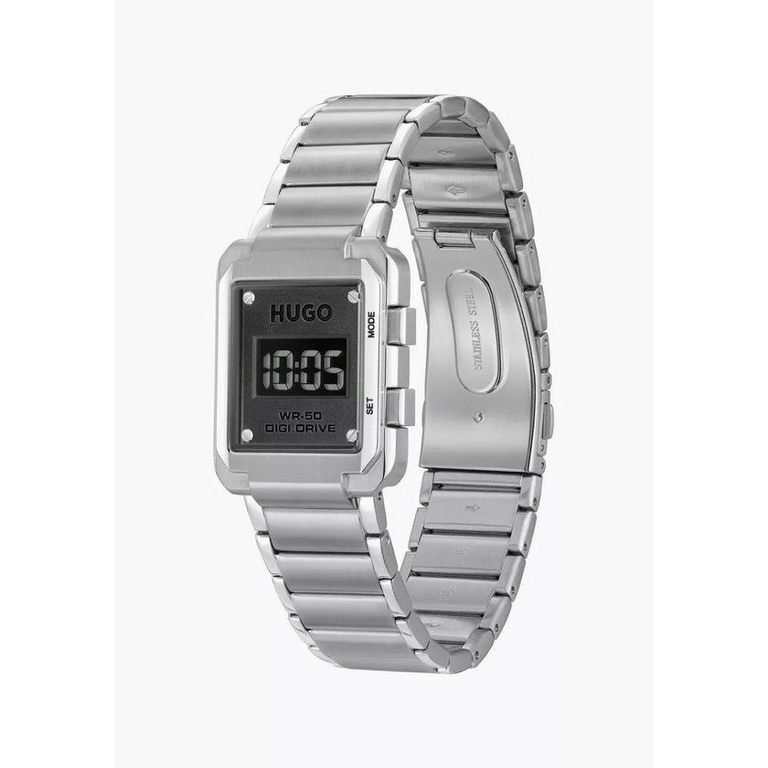 Silver Stainless Steel WatchType of mechanism: QUARTZ.Display: DIGITAL.Material Of Case: STAINLESS STEEL.Colour Of Case: SILVER.Material Of Bracelet: STAINLESS STEEL.Colour Of Bracelet: SILVER.Dial Colour:BLACK.Glass type: MINERAL.Clousure: PRESSURE.Water