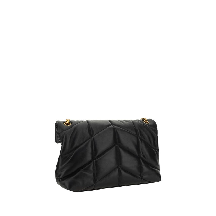 Black Lamb Leather Shoulder BagLambskin LouLou Medium Shoulder Bag by Saint Laurent featuring padded and quilted fabric, front plaque with iconic gold-plated YSL logos, front flap with magnetic closure, double sliding shoulder strap with leather details,