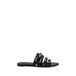 Black Calf Leather Bos Taurus Flat SandalsBalenciaga’s studded Sandals combine a bold and sophisticated design. A slip-on model with a flat sole, they feature three front straps decorated with silver studs and rings, giving them a modern, rock look. These