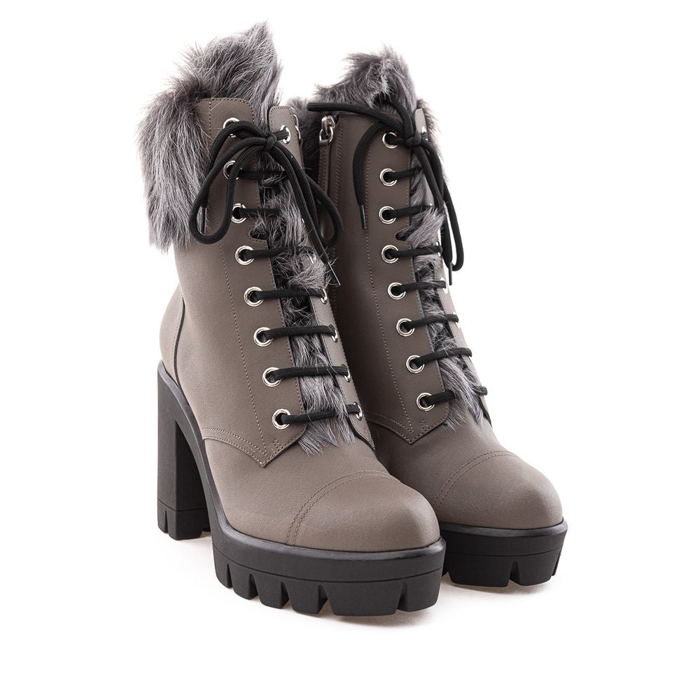 Taupe Leather Combat Boots with Lace-Up Detail