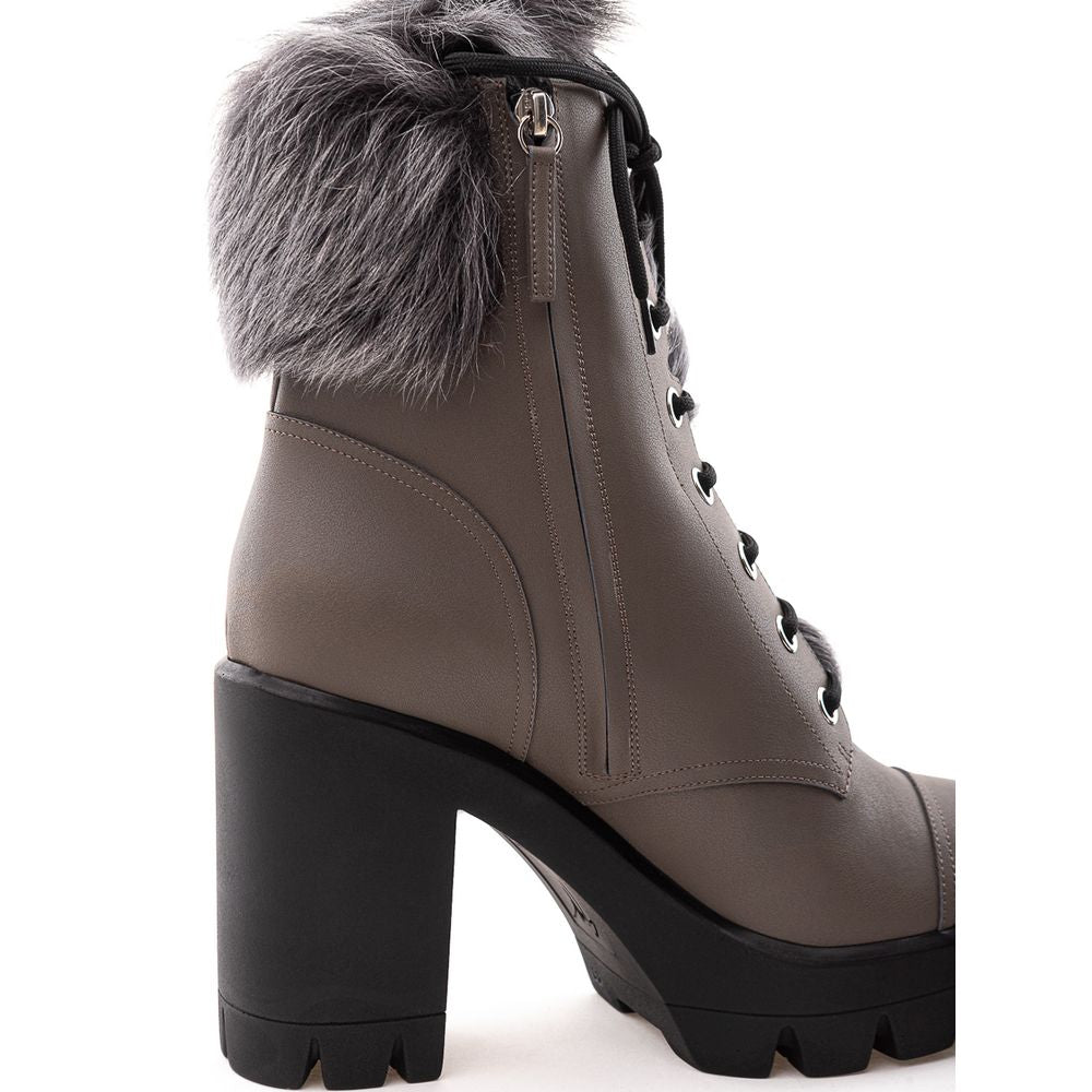 Taupe Leather Combat Boots with Lace-Up Detail