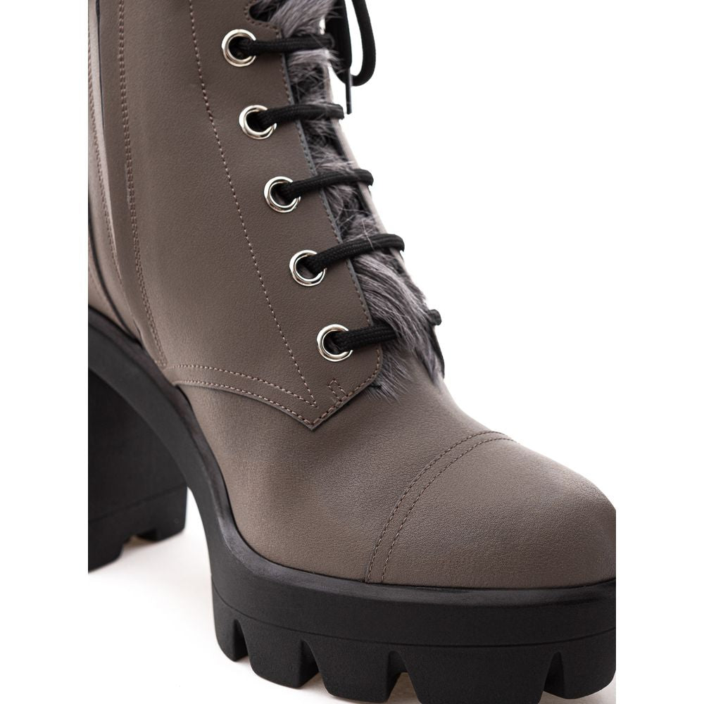 Taupe Leather Combat Boots with Lace-Up Detail