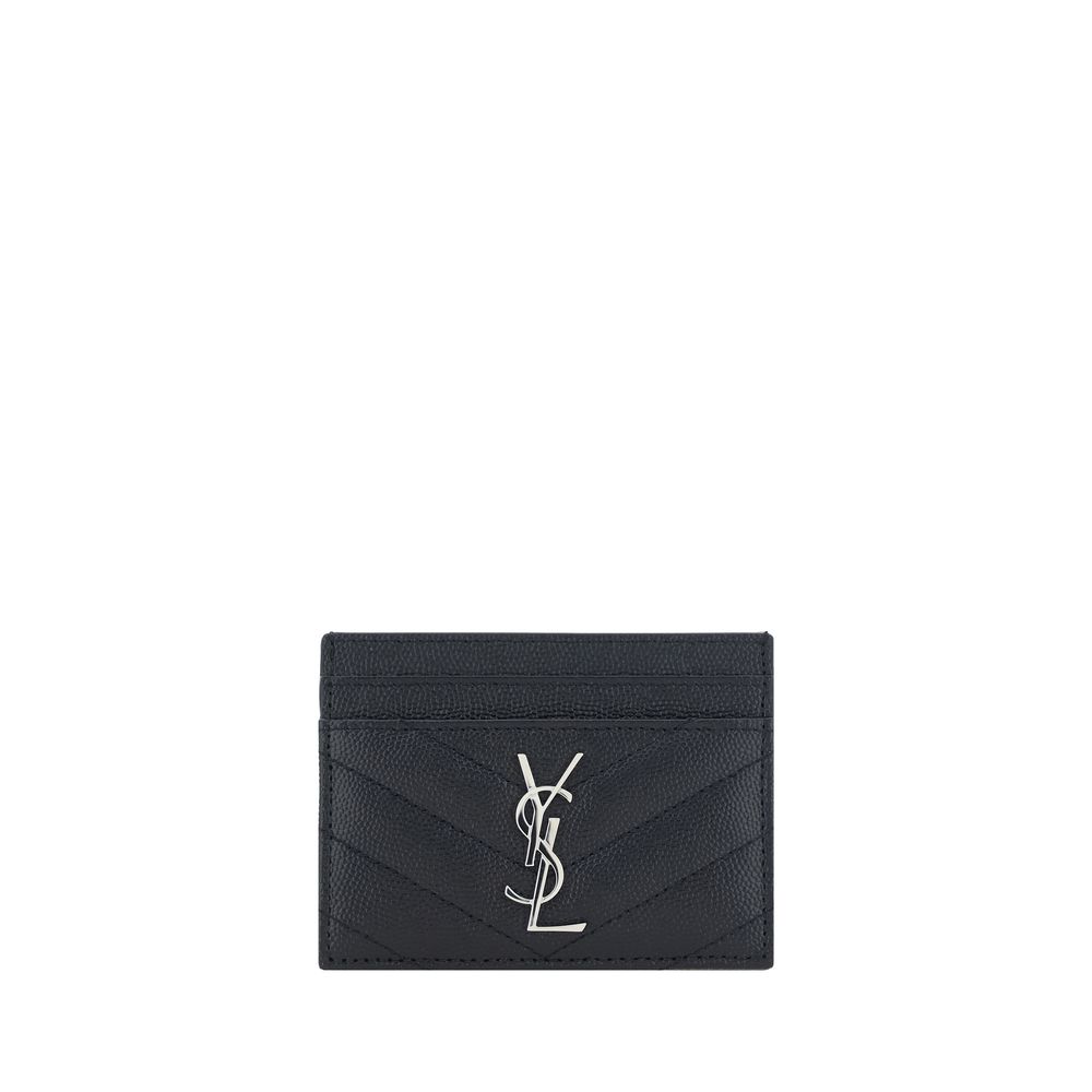 Black Leather Card HolderCalfskin Card Holder by Saint Laurent, iconic metal logo plaque applied on front, card slots on front and back, quilted design, bill compartment on top. Season: SS25 Dimension: 11×11 Composition: GENERAL 100% Calf Leather Bos Taur