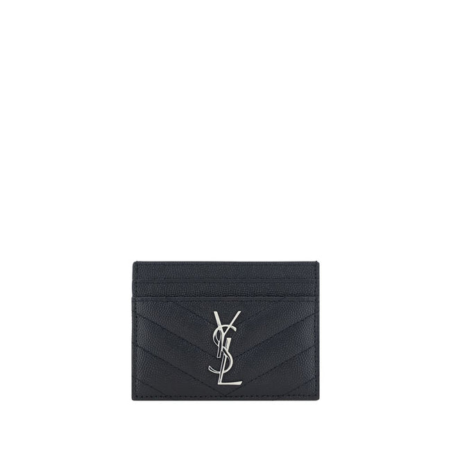 Black Leather Card HolderCalfskin Card Holder by Saint Laurent, iconic metal logo plaque applied on front, card slots on front and back, quilted design, bill compartment on top. Season: SS25 Dimension: 11×11 Composition: GENERAL 100% Calf Leather Bos Taur