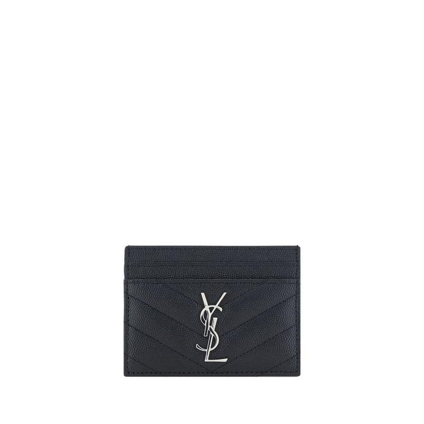 Black Leather Card HolderCalfskin Card Holder by Saint Laurent, iconic metal logo plaque applied on front, card slots on front and back, quilted design, bill compartment on top. Season: SS25 Dimension: 11×11 Composition: GENERAL 100% Calf Leather Bos Taur