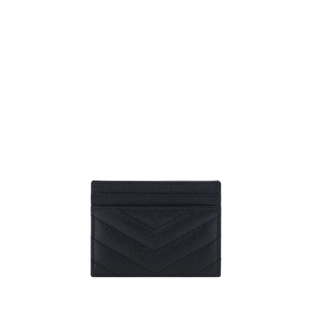 Black Leather Card HolderCalfskin Card Holder by Saint Laurent, iconic metal logo plaque applied on front, card slots on front and back, quilted design, bill compartment on top. Season: SS25 Dimension: 11×11 Composition: GENERAL 100% Calf Leather Bos Taur