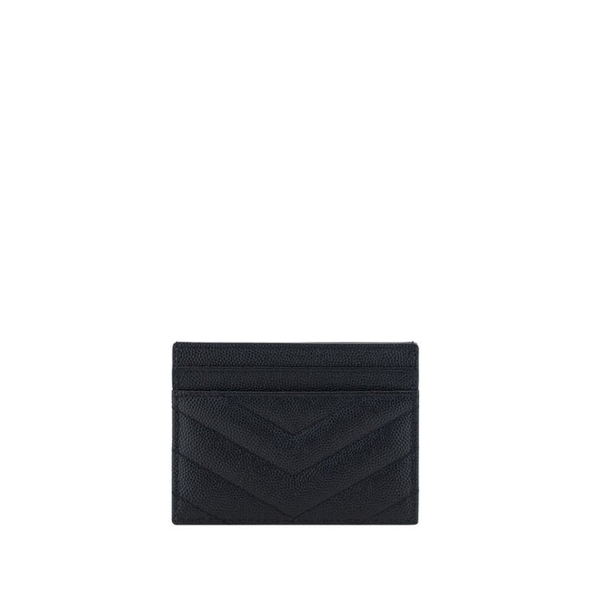 Black Leather Card HolderCalfskin Card Holder by Saint Laurent, iconic metal logo plaque applied on front, card slots on front and back, quilted design, bill compartment on top. Season: SS25 Dimension: 11×11 Composition: GENERAL 100% Calf Leather Bos Taur