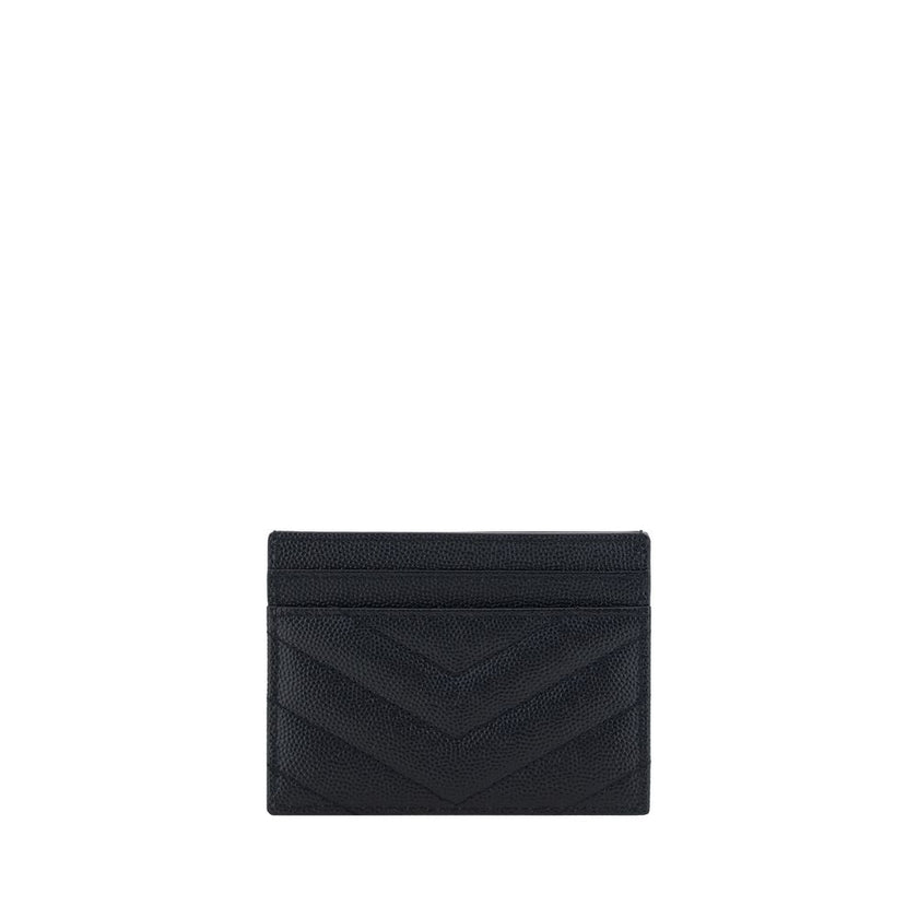 Black Leather Card HolderCalfskin Card Holder by Saint Laurent, iconic metal logo plaque applied on front, card slots on front and back, quilted design, bill compartment on top. Season: SS25 Dimension: 11×11 Composition: GENERAL 100% Calf Leather Bos Taur