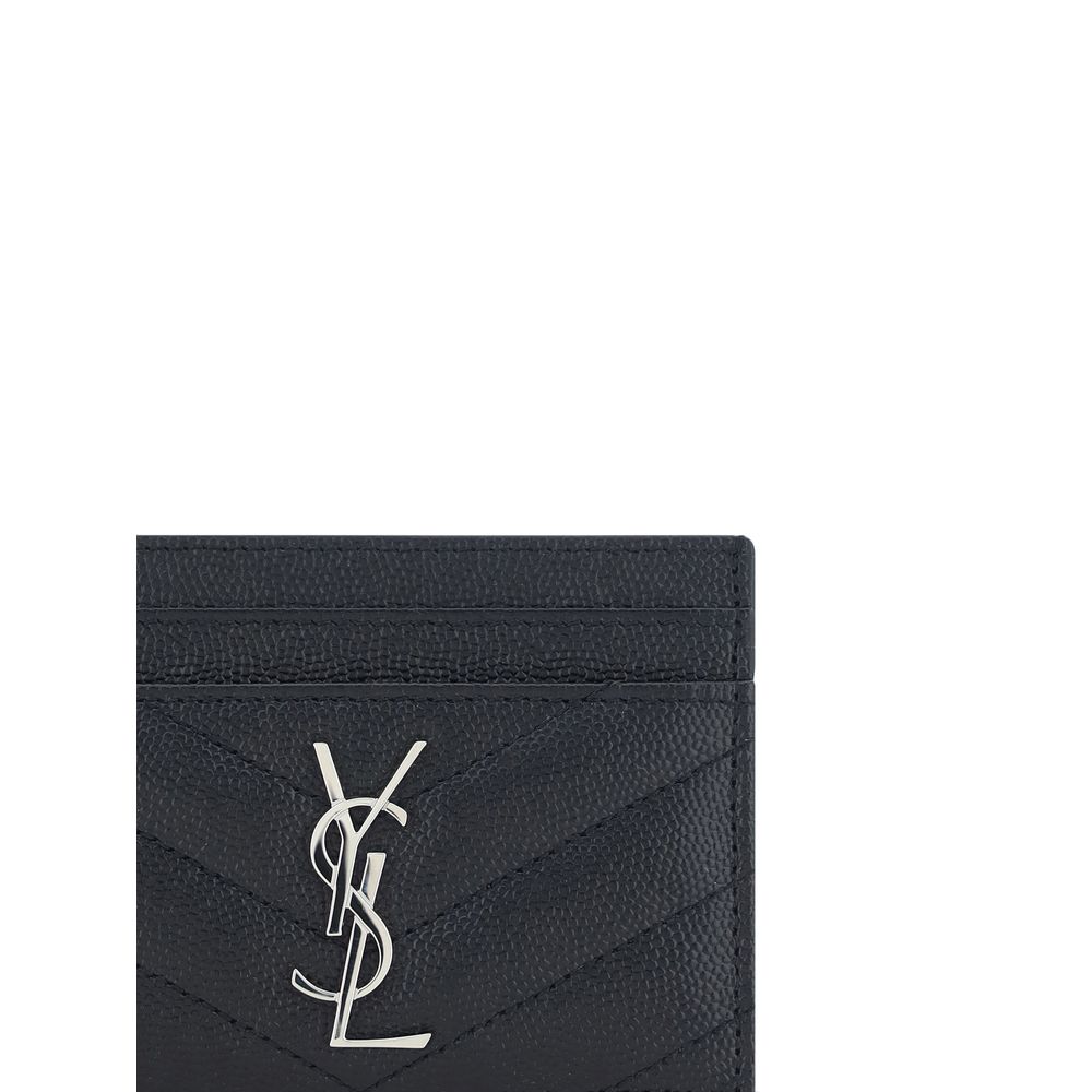 Black Leather Card HolderCalfskin Card Holder by Saint Laurent, iconic metal logo plaque applied on front, card slots on front and back, quilted design, bill compartment on top. Season: SS25 Dimension: 11×11 Composition: GENERAL 100% Calf Leather Bos Taur