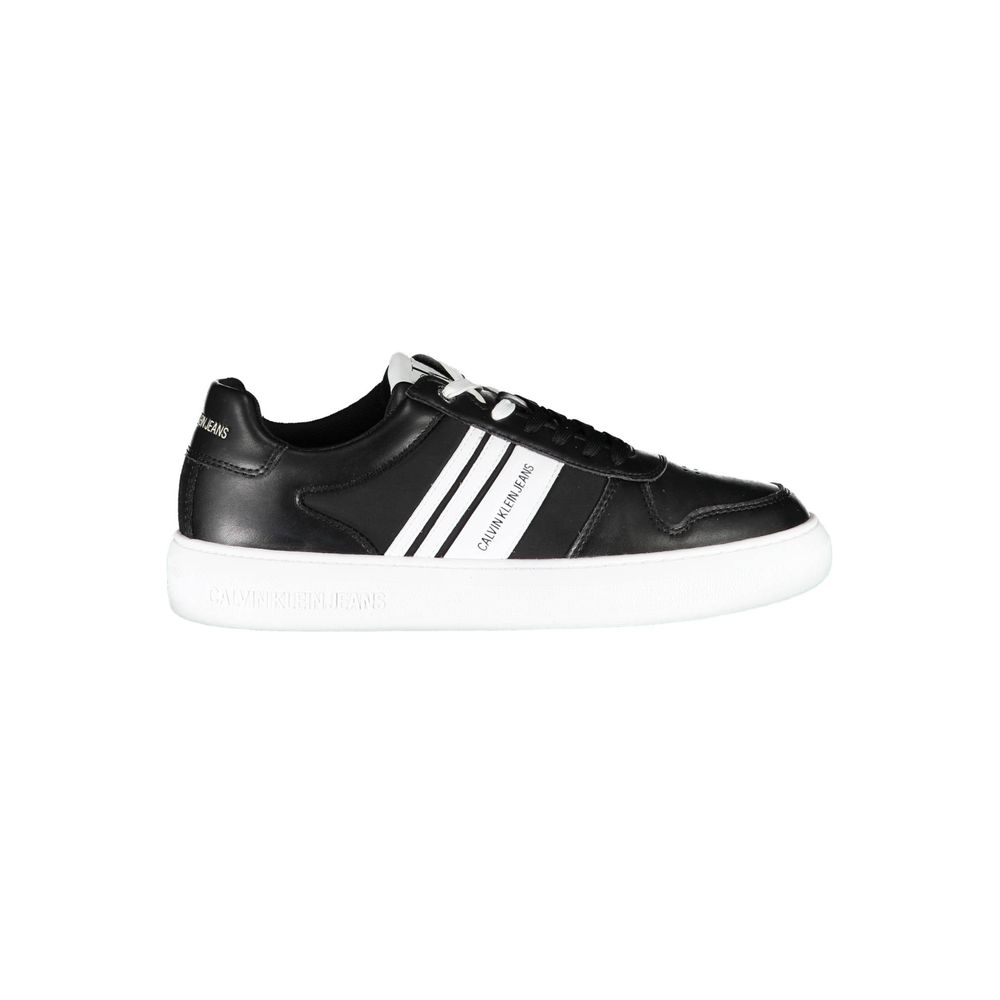 Black Polyester Men SneakerElevate your streetwear game with Calvin Klein’s latest sneakers, epitomizing the pinnacle of urban sophistication. Crafted for the modern man, these kicks feature a sleek black palette punctuated by bold contrasting details and