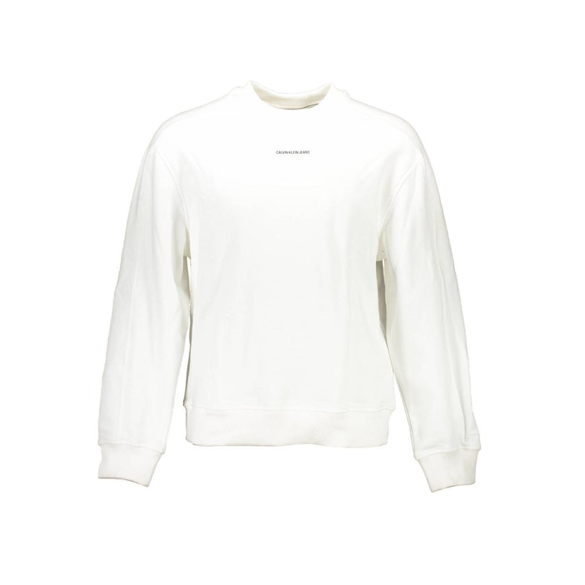White Cotton Men SweaterElevate your wardrobe with the timeless sophistication of this Calvin Klein sweatshirt. Perfect for a stylish gent, it features a sleek white hue adorned with a bold print and the iconic Calvin Klein logo. Crafted with premium cott