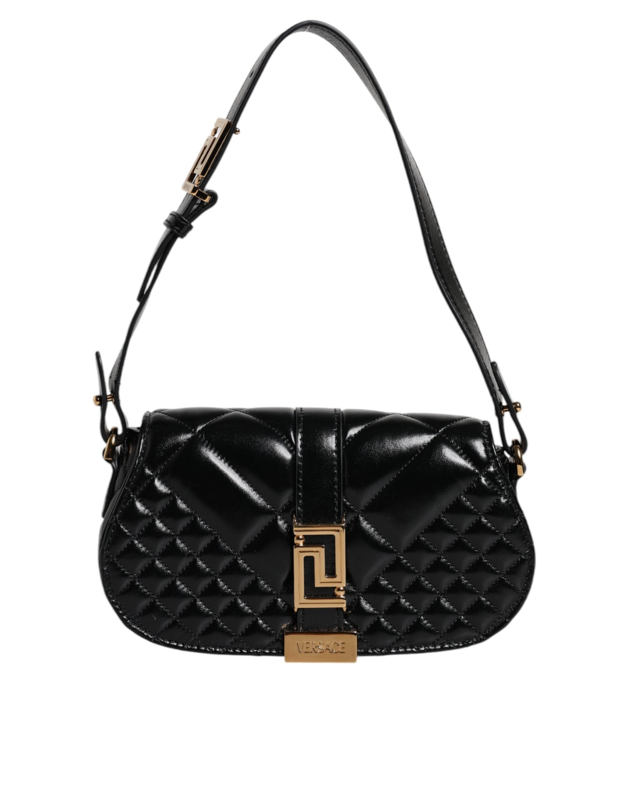 Black Calf Leather Quilted Shoulder Strap BagVERSACE Absolutely stunning, 100% Authentic, brand new VERSACE solid color, shoulder strap. Model: Shoulder bag Material: Calfskin Colour: Black Black inner lining with inside pocket Handle: Adjustable shoulder