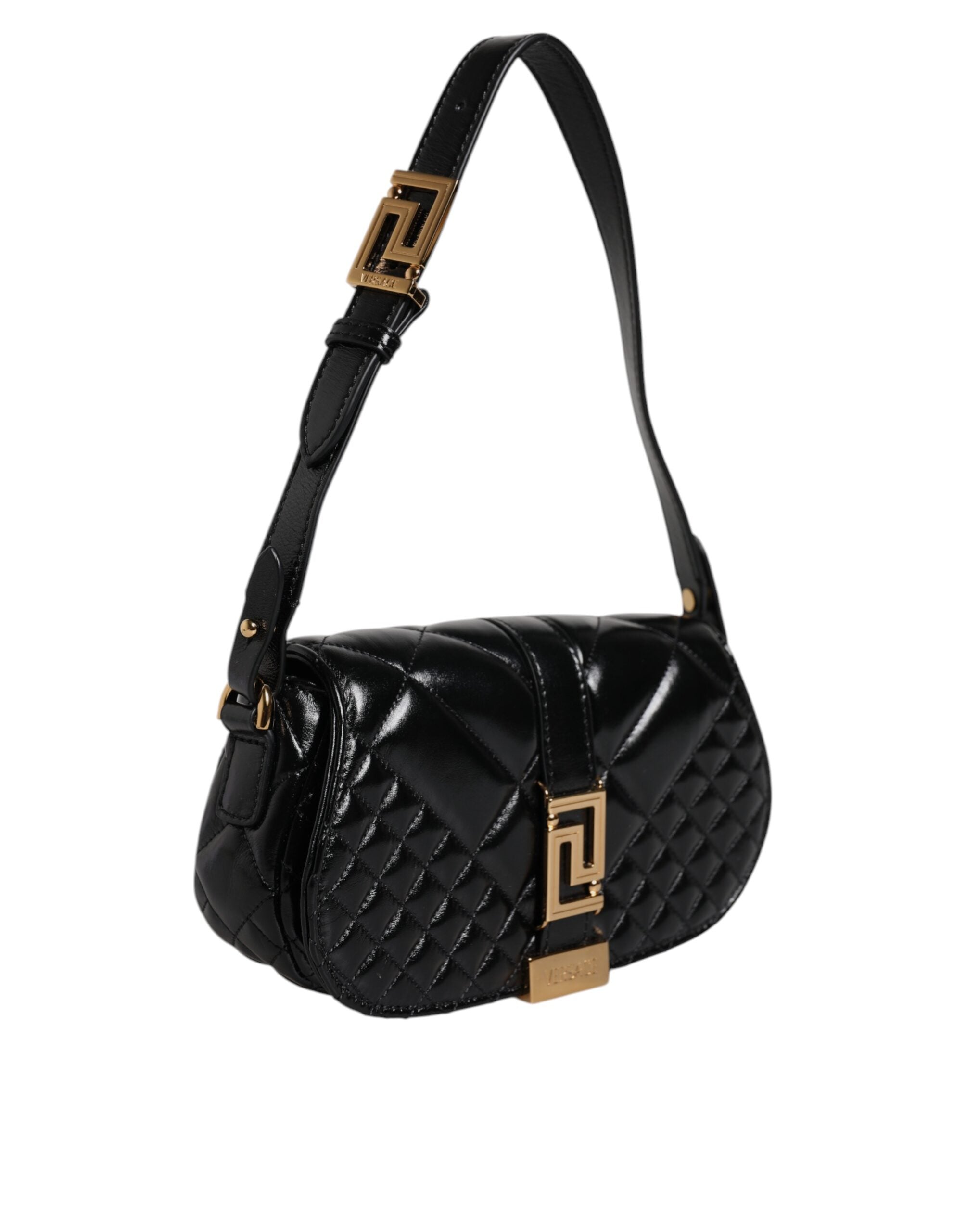 Black Calf Leather Quilted Shoulder Strap BagVERSACE Absolutely stunning, 100% Authentic, brand new VERSACE solid color, shoulder strap. Model: Shoulder bag Material: Calfskin Colour: Black Black inner lining with inside pocket Handle: Adjustable shoulder