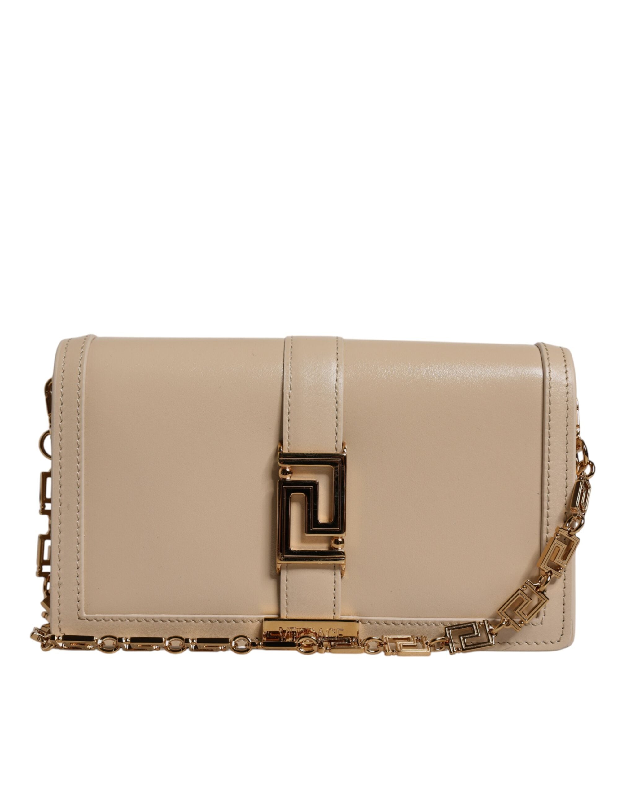 Beige Gold Chain Calf Leather Wallet Crossbody BagVERSACE Absolutely stunning, 100% Authentic, brand new VERSACE solid color, crossbody strap bag. Model: Crossbody bag Material: Calfskin Leather Color: Beige Black inner lining with inside pocket Handle: C