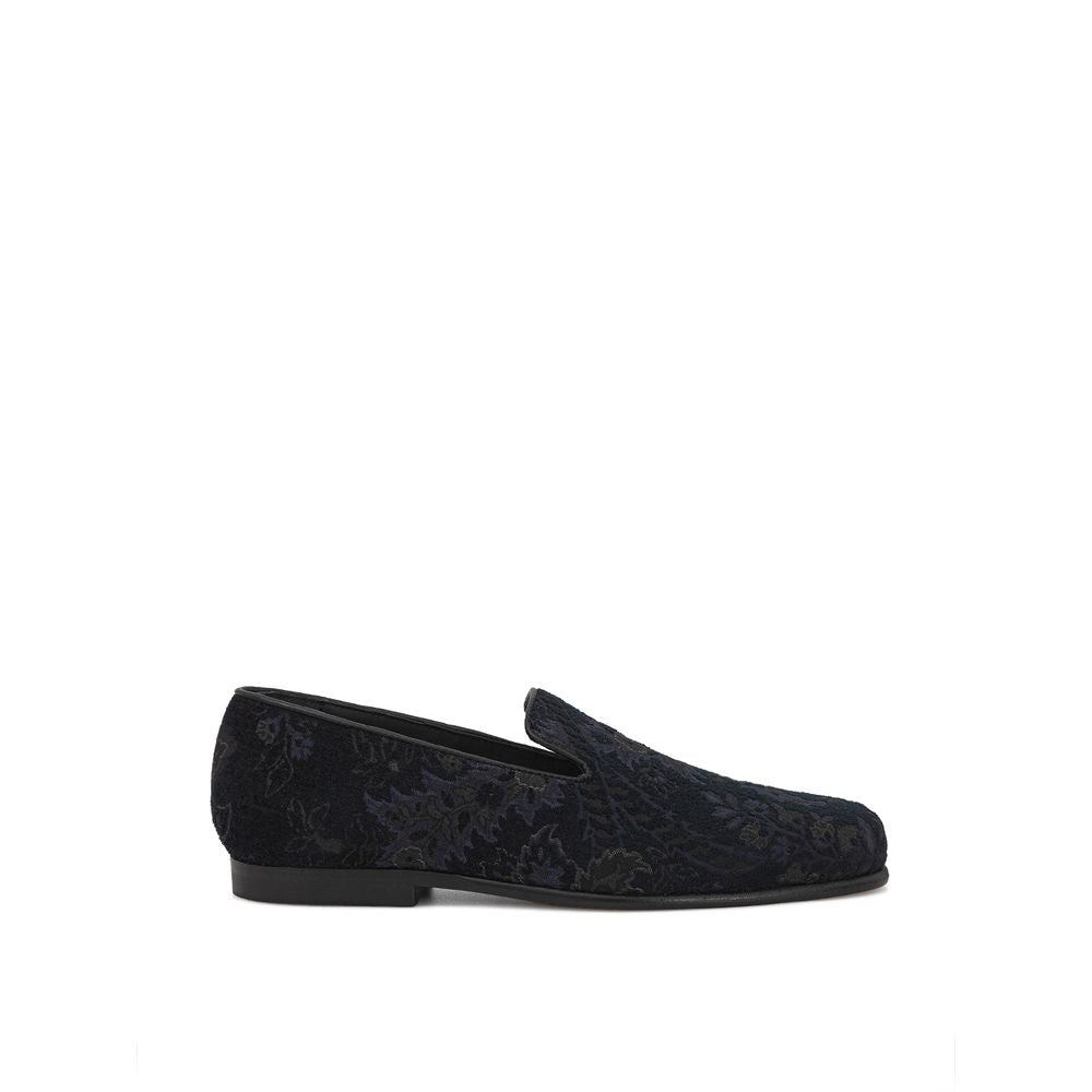 Blaue Leder-Slipper mit Jacquard-Blumenprint
