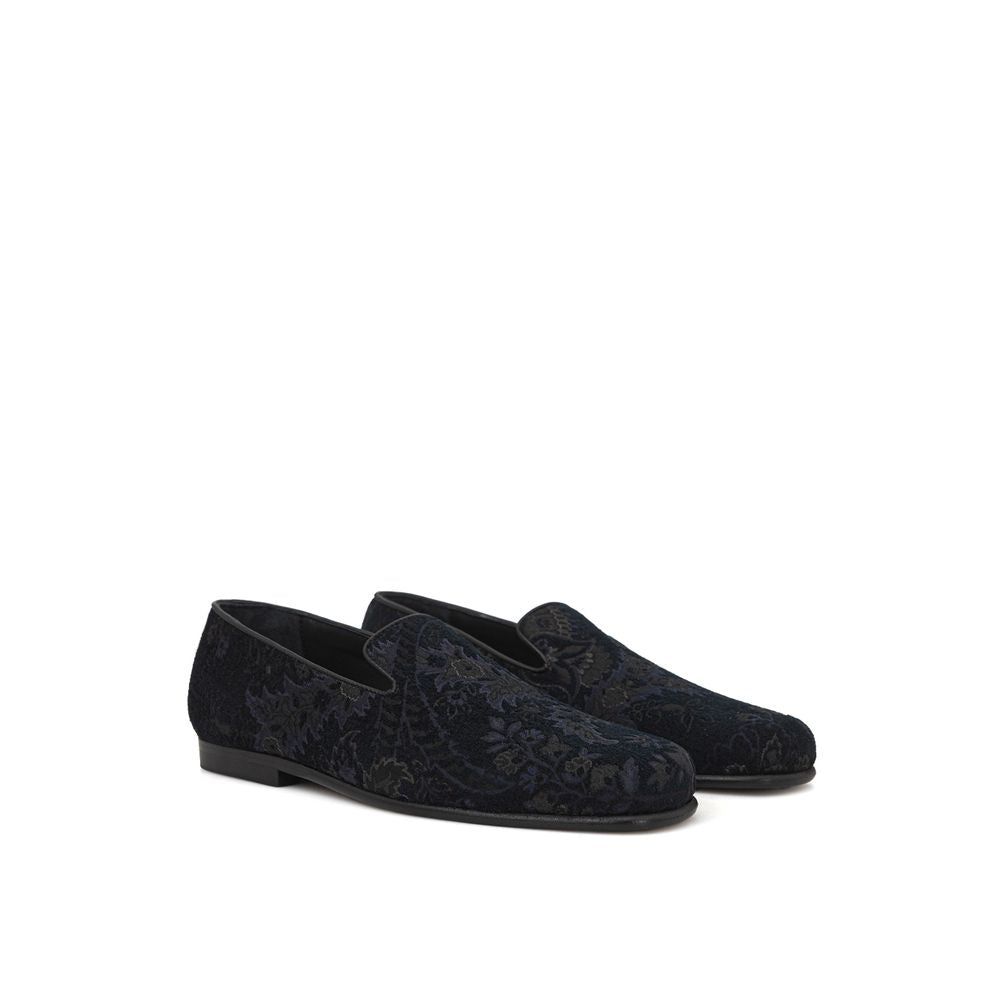 Blaue Leder-Slipper mit Jacquard-Blumenprint