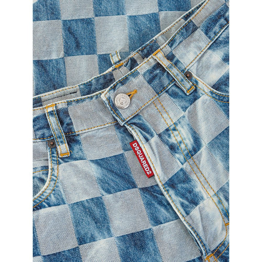 Blue Cotton Relaxed Fit JeansDsquared2 Damier Wash San Diego Check Jeans. Check printed fabric with washed effect, button fastening, logo tag on fly, five pockets. On the back leather tag with engraved tone-on-tone logo. High waist, relaxed fit. Compositi