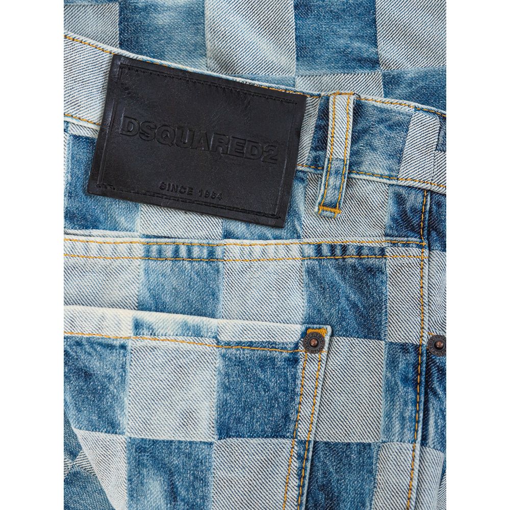 Blue Cotton Relaxed Fit JeansDsquared2 Damier Wash San Diego Check Jeans. Check printed fabric with washed effect, button fastening, logo tag on fly, five pockets. On the back leather tag with engraved tone-on-tone logo. High waist, relaxed fit. Compositi
