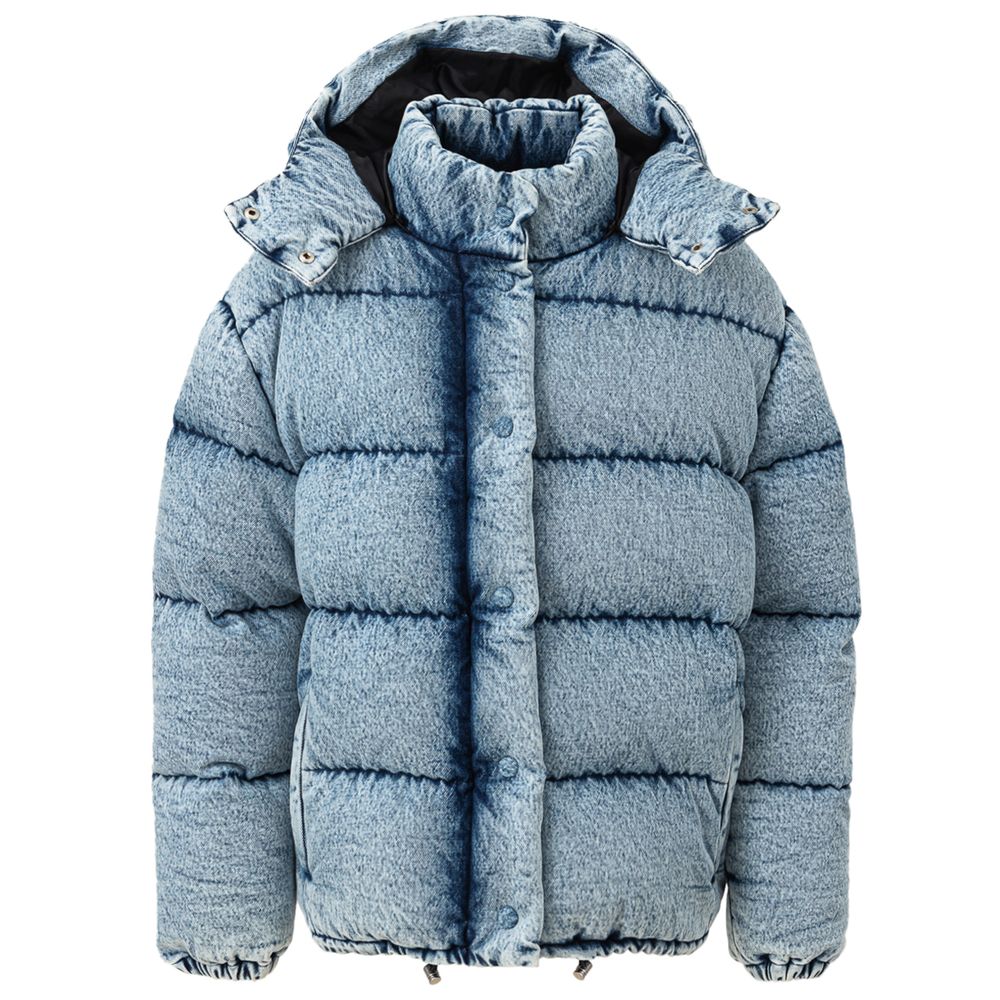 Blue Polyester CoatPuffy down jacket in Miu Miu denim. Covered front zipper and button closure, two zippered side pockets, removable hood.Applied logo on back. Puffy pattern, fully padded, elastic cuffs and adjustable drawstring waist. Inner SKU: 24 LU 10