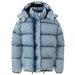 Blue Polyester CoatPuffy down jacket in Miu Miu denim. Covered front zipper and button closure, two zippered side pockets, removable hood.Applied logo on back. Puffy pattern, fully padded, elastic cuffs and adjustable drawstring waist. Inner SKU: 24 LU 10