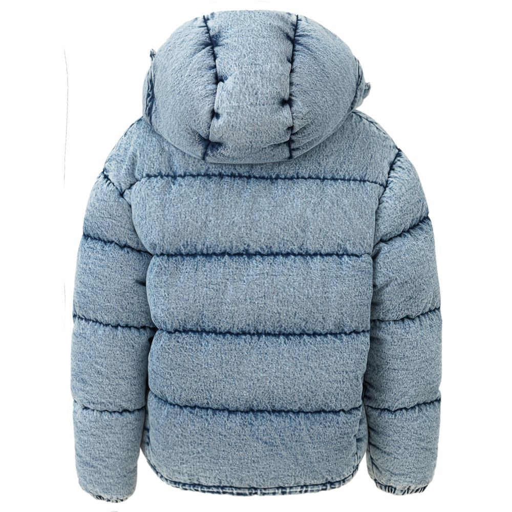 Blue Polyester CoatPuffy down jacket in Miu Miu denim. Covered front zipper and button closure, two zippered side pockets, removable hood.Applied logo on back. Puffy pattern, fully padded, elastic cuffs and adjustable drawstring waist. Inner SKU: 24 LU 10