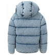 Blue Polyester CoatPuffy down jacket in Miu Miu denim. Covered front zipper and button closure, two zippered side pockets, removable hood.Applied logo on back. Puffy pattern, fully padded, elastic cuffs and adjustable drawstring waist. Inner SKU: 24 LU 10