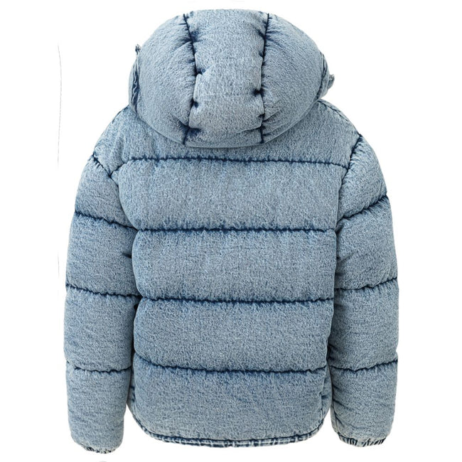 Blue Polyester CoatPuffy down jacket in Miu Miu denim. Covered front zipper and button closure, two zippered side pockets, removable hood.Applied logo on back. Puffy pattern, fully padded, elastic cuffs and adjustable drawstring waist. Inner SKU: 24 LU 10