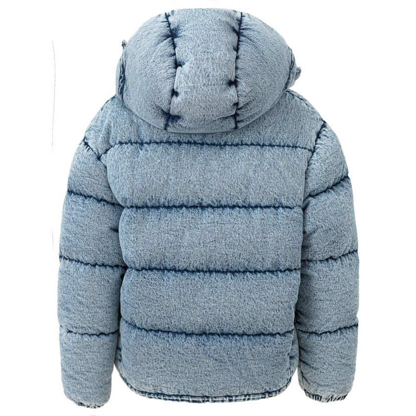 Blue Polyester CoatPuffy down jacket in Miu Miu denim. Covered front zipper and button closure, two zippered side pockets, removable hood.Applied logo on back. Puffy pattern, fully padded, elastic cuffs and adjustable drawstring waist. Inner SKU: 24 LU 10