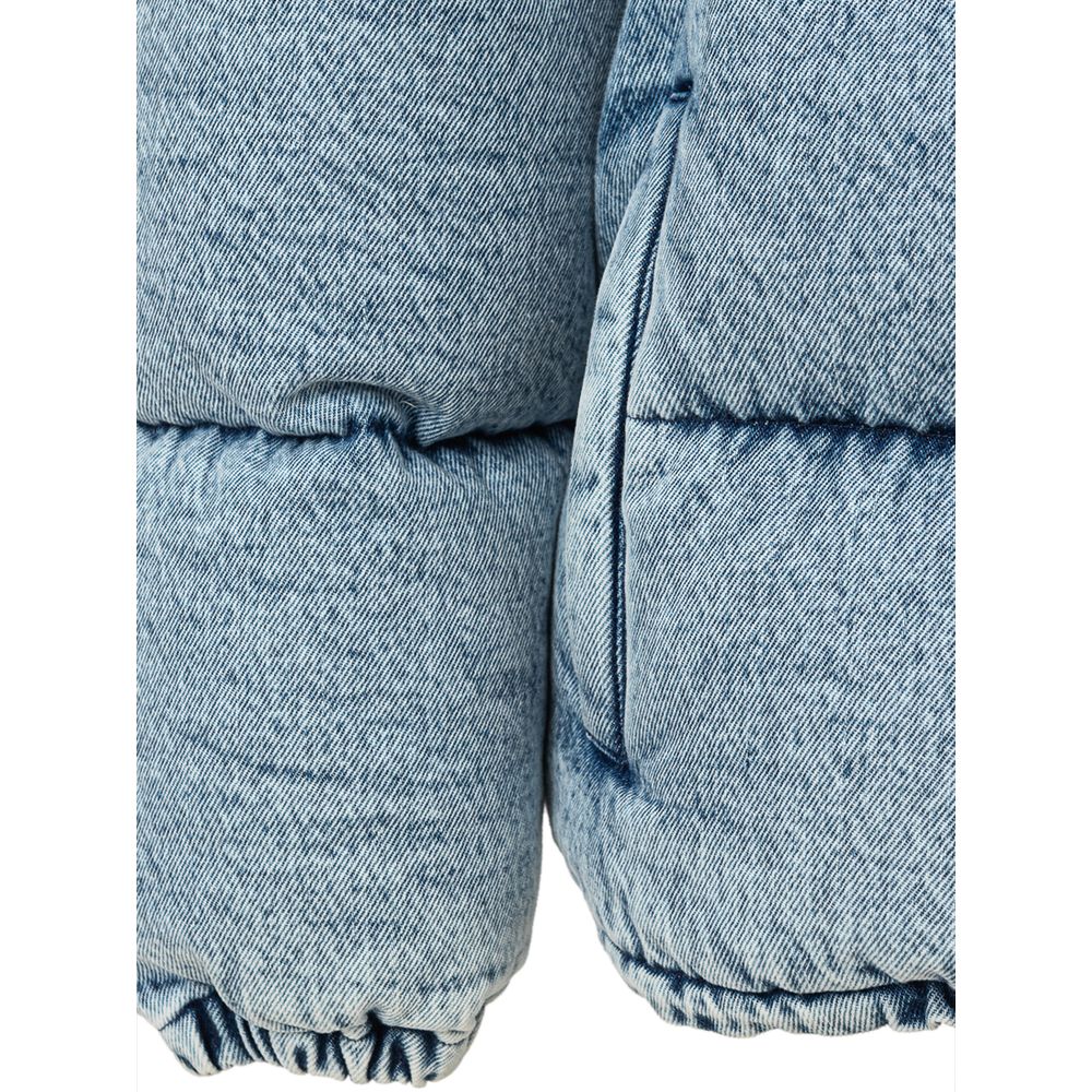 Blue Polyester CoatPuffy down jacket in Miu Miu denim. Covered front zipper and button closure, two zippered side pockets, removable hood.Applied logo on back. Puffy pattern, fully padded, elastic cuffs and adjustable drawstring waist. Inner SKU: 24 LU 10