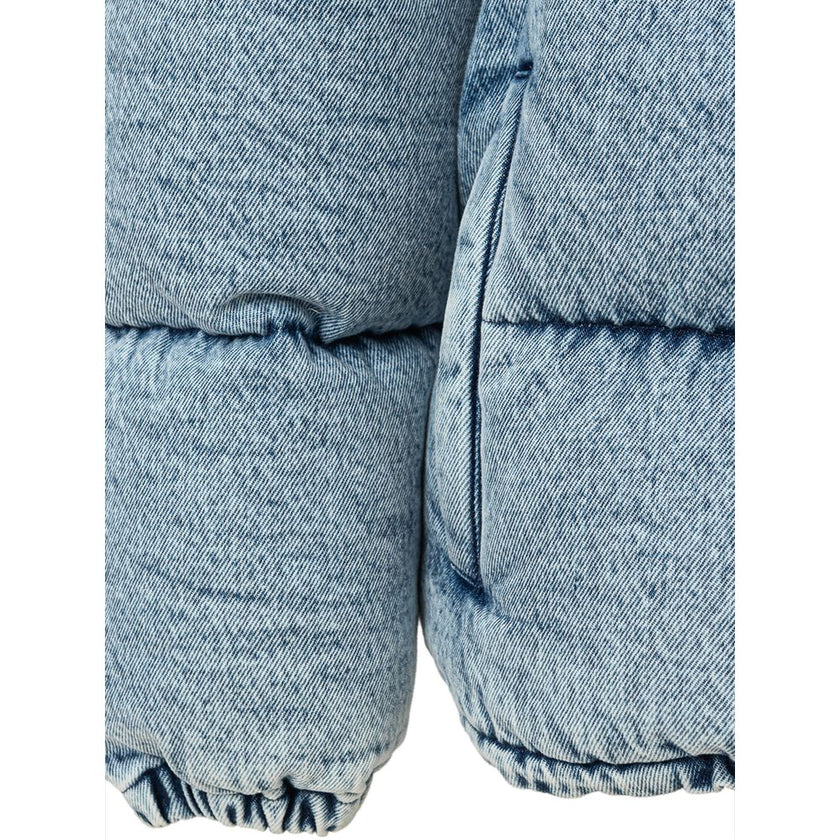 Blue Polyester CoatPuffy down jacket in Miu Miu denim. Covered front zipper and button closure, two zippered side pockets, removable hood.Applied logo on back. Puffy pattern, fully padded, elastic cuffs and adjustable drawstring waist. Inner SKU: 24 LU 10