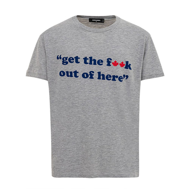 Gray Cotton T-Shirtotton T-Shirt with ‘Get the f**k..’ print Dsquared2. Grey mélange cotton, crew neck, short sleeves, contrasting front print. Composition: 100% Cotton-Sku inside:24MG37Gray Cotton T-Shirt${tagsDsquared²Aulae Gray Cotton T-Shirt Dsquared²