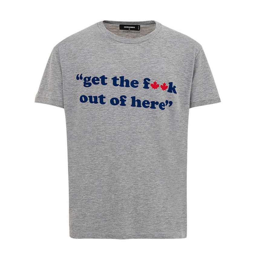 Gray Cotton T-Shirtotton T-Shirt with ‘Get the f**k..’ print Dsquared2. Grey mélange cotton, crew neck, short sleeves, contrasting front print. Composition: 100% Cotton-Sku inside:24MG37Gray Cotton T-Shirt${tagsDsquared²Aulae Gray Cotton T-Shirt Dsquared²