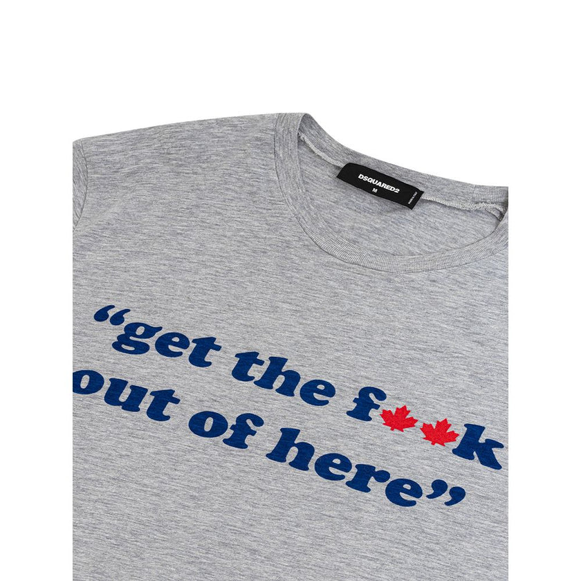 Gray Cotton T-Shirtotton T-Shirt with ‘Get the f**k..’ print Dsquared2. Grey mélange cotton, crew neck, short sleeves, contrasting front print. Composition: 100% Cotton-Sku inside:24MG37Gray Cotton T-Shirt${tagsDsquared²Aulae Gray Cotton T-Shirt Dsquared²