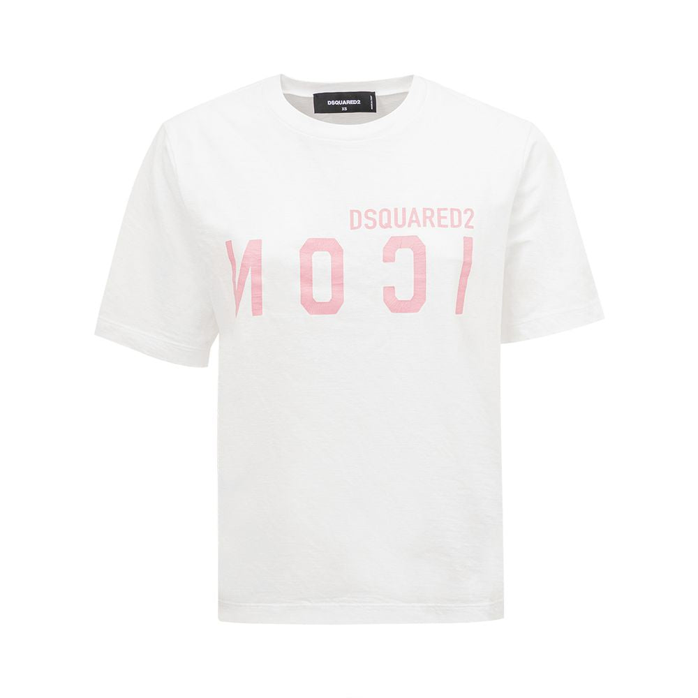 Elegant Cotton White Tee for Stylish WomenDiscover the perfect blend of comfort and style with this impeccable white tee from Dsquared². Crafted from the finest cotton, it promises to be a versatile addition to your wardrobe, seamlessly pairing with your