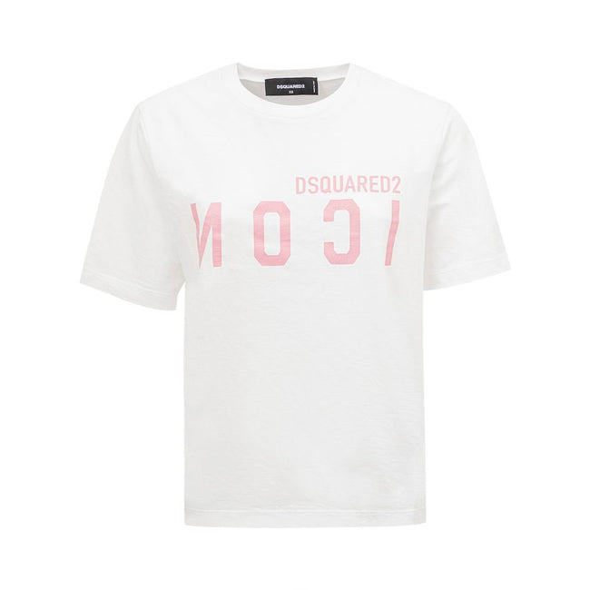 Elegant Cotton White Tee for Stylish WomenDiscover the perfect blend of comfort and style with this impeccable white tee from Dsquared². Crafted from the finest cotton, it promises to be a versatile addition to your wardrobe, seamlessly pairing with your