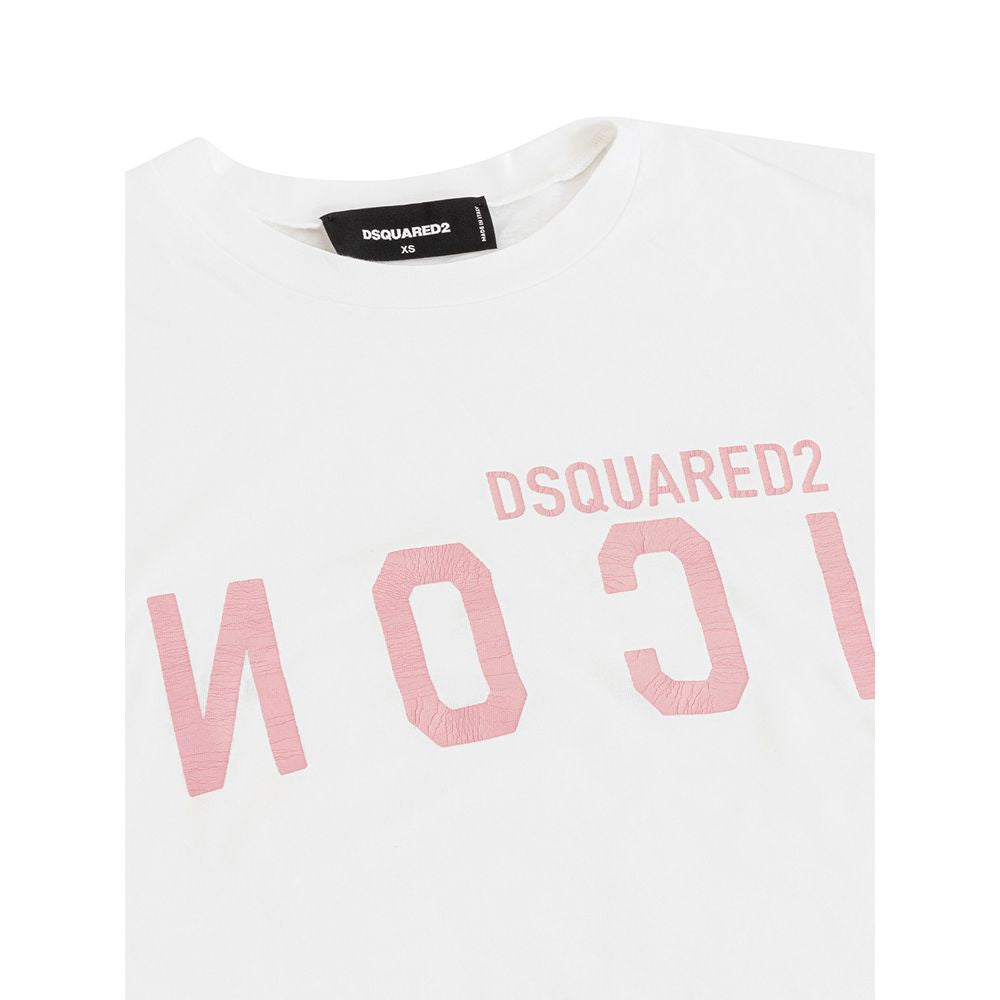 Elegant Cotton White Tee for Stylish WomenDiscover the perfect blend of comfort and style with this impeccable white tee from Dsquared². Crafted from the finest cotton, it promises to be a versatile addition to your wardrobe, seamlessly pairing with your
