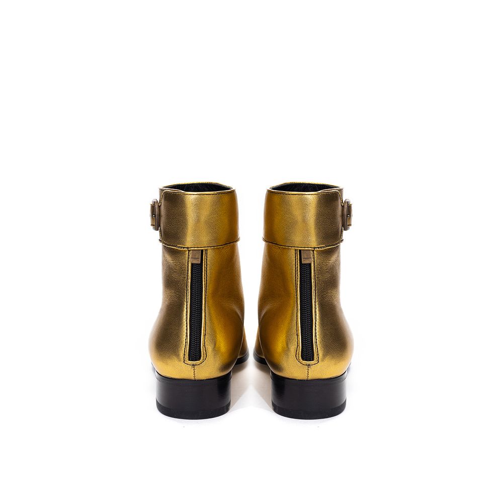 Gold Leather Ankle Boots with Buckle Strap by Saint Laurent
