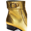 Gold Leather Ankle BootsGold Leather Ankle Boot Saint Laurent. Made of gold-colored leather, square toe, visible stitching, strap with buckle above the ankle, rear zipper, black leather outsole. Heel height: 3 cm. Composition: 100% Leather. Internal SKU: